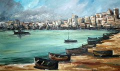 Porto di pescatori, 1974.  Olio su tela, cm. 60 x 100.