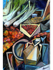 Banchi al mercato, 2009.  Olio su tela,  cm.  40 x 60