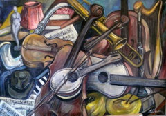 Natura morta con strumenti musicali, 1999.  Olio su tela,  cm. 70 x 100.