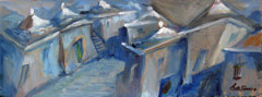 Trulli al crepuscolo,2009.  Olio su tavola,  cm.  50 x 20