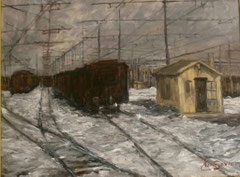 Smistamento ferroviario, 1980.  Olio su tela,  cm. 50 x 40.