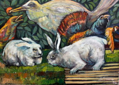 Conigli, 1990.  Olio su tela cm. 50 x 70
