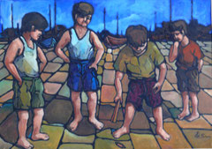 Donne nel cortile, 1974.  Olio su tela,  cm. 70 x 50