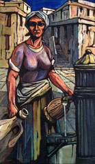 Donna alla fontana, 1974. Olio su tela,  cm. 60 x 100.