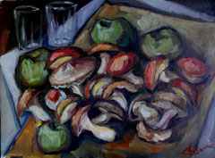 Funghi e mele, 1996.  Olio su tela,  cm.  40 x 30.