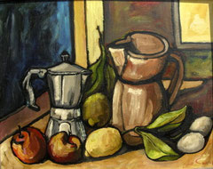 Brocca e caffettiera, 1984.  Olio su tela, cm.  50 x 40.