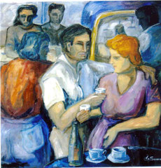 Idillio al bar, 2002.   Olio su tela,   cm.  70 x 70