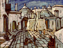 Piazza tra i trulli, 1976.   Olio su tela,  cm. 50 x 50