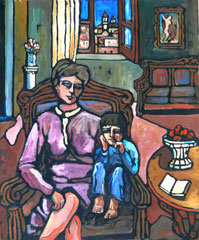 Mamma con figlia, 1973.   Olio su tela,  cm. 50 x 60.