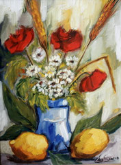 Composizione con fiori e limoni, 1985. Olio su tela, cm. 30 x 40.