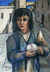 Ragazza con la palla, 1975.  Olio su tela,  cm. 50 x 70.
