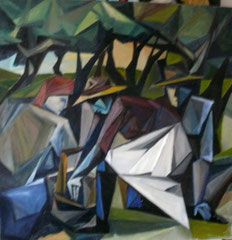 Raccoglitrice di olive, 1992. Olio su tela,   cm. 80 x 80.
