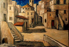 La piazza del paese, 1988.   Olio su tela,   cm.  70 x 50