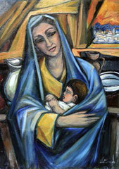 Madonna con manto azzurro, 1999.  Olio su tela,  cm. 50 x 70.