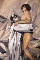 La seduzione di Pierrot, 1993.  Olio su tela, cm. 70 x 100