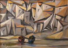 Case di pescatori. 1995.  Olio su tela,  cm. 50 x 70
