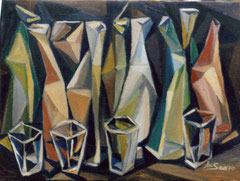 Bottiglie e bicchieri, 2006.   Olio su tela,   cm.   70 x 50