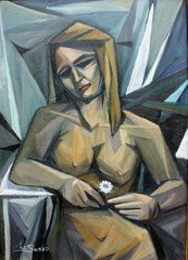 Nudo con  margherita, 1990. Olio su tela, cm.  50 x 70.