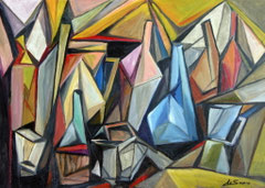 Fiasco, bottiglie e bicchieri, 2010.  Olio su tela,  cm. 70 x 50.