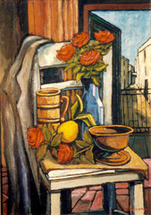 Rose e giacca sulla sedia, 1987.  Olio su tela,   cm.  50 x 70.