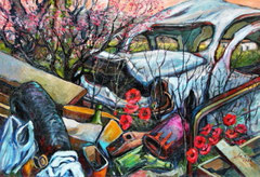 Fiori tra i rifiuti, 1988.   Olio su tela,  cm. 100 x 70