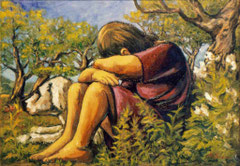 La pastorella addormentata, 1976.   Olio su tela,   cm.   70 x 50