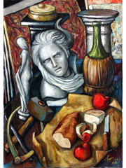 Il banco del marmista, 1988.  Olio su tela, cm.  50 x 70.