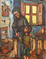 La visita della nonna, 1974.   Olio su tela  cm.  40 x 50