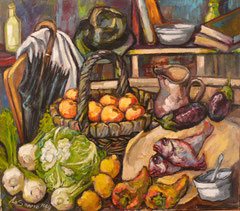 Natura morta con verdure,  1989.   Olio su tela,   cm. 70 x 70