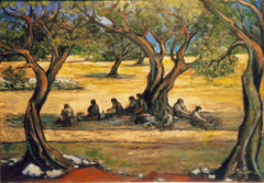 Braccianti all'ombra dell'ulivo, 1980.   Olio su tela,   cm. 70 x 50