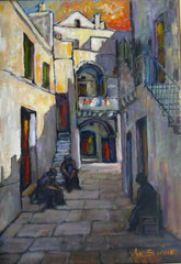Conversazione in un vicolo di Cisternino, 1986.  Olio su tela,  cm.  50 x 70