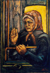 l saluto della nonna che emigra, 1984.   Olio su tela,   cm. 50 x 70