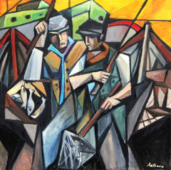 Pescatori sulla banchina, 2010.  Olio su tela,  cm. 70 x 70.