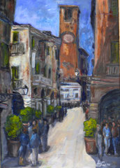 Turisti a Mantova, 2004.  Olio su cartone,  cm. 50 x 70