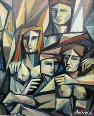 Nudisti in spiaggia, 1994. Olio su tela, cm. 40 x 50.