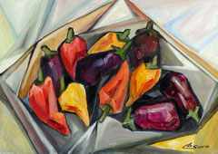 Peperoni e melanzane, 2014. Olio su tela,  cm. 70 x 50.