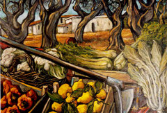Ulivi ed ortaggi, 1986.   Olio su tela,   cm.  100 x 70