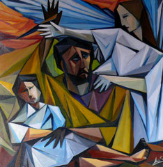 Il sacrificio di Isacco, 1990.   Olio su tela  cm.  70 x 70.