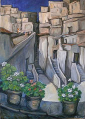 Paesaggio con gerani, 2003.  Olio su tela,  cm.70 x 100.