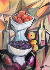 Frutta nelle coppe, 2013.  Olio su tela,  cm. 50 x 70.