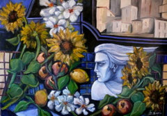 Fiori e frutta con la Furia, 2001.  Olio su tela,  cm. 70 x 100.