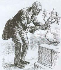 caricature de 1919 montrant Wilson donnant un rameau d'olivier à la colombe de la paix