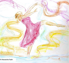 "Danse en rouge sur la plage" dessin aux pastels gras sur papier 50 x 65 cm