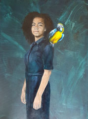 Vrouw met blauw gele ara / 2020 / olieverf op canvas / VERKOCHT
