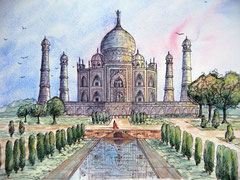 Taj Mahal couleur - Aquarelle & encre - 35x40