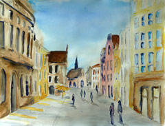 Fußgängerzone, Aquarell, Tinte auf Bütten, 50x65, 2012