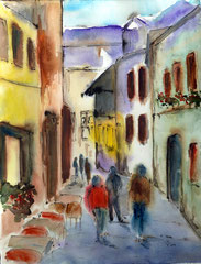 Rüdesheim, Aquarell, Tinte auf Bütten, 50x65, 2011