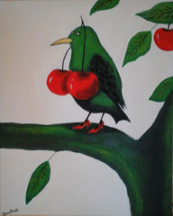 "Vogel mit Kirschen" Acryl auf Leinwand