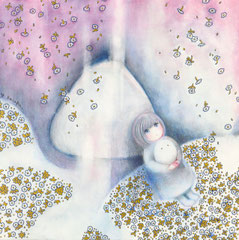 「おにぎりまくら」　2022年　180×180㎜　パネル、紙、水彩、鉛筆、色鉛筆、ペン、雲母