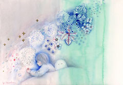 「花、ねむる」　2022年　158×227㎜　紙に水彩、鉛筆、色鉛筆、ペン、雲母